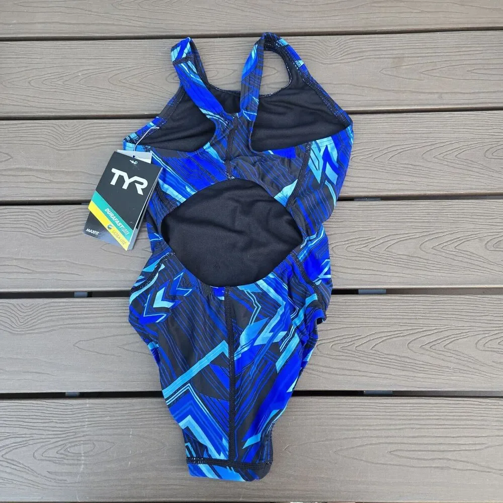 TYR Durafast Youth Girls Zenith Maxfit Swimsuit/Bathing Suit, Blue SZ 22 New